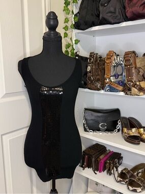 bebe Black Sequin-Trim Ribbed Tank